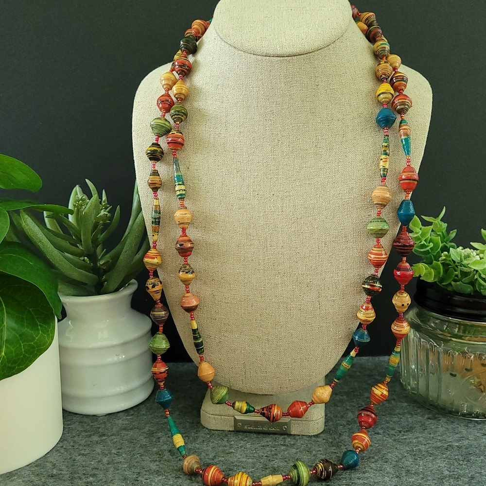 Handmade Recycled Paper Bicone Bead Necklace Multicolor Extra Long 58in African
